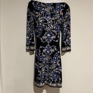 White House Black Market Blue and Black Long Sleeve Dress